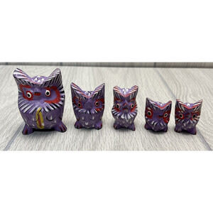 Vintage Handcrafted Hand Painted Indonesian Wood Owls Figures Purple - Lot of 5